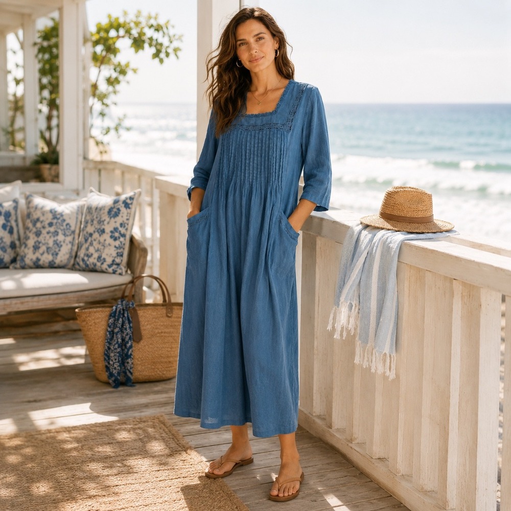Linen Midi Dress Womens Med Blue Cottagecore Boho Crochet Lace Pintuck Pockets